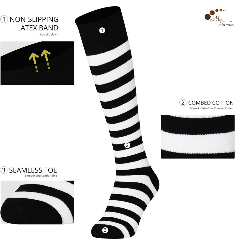 Mysocks جوارب ميسوكس طويلة عالية الركبة للجنسين مخططة باللونين الأبيض والأسود، 4-7 - Image 3